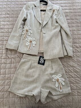 BLITHELA Beige Palm-Embroidered Linen-Blend Blazer & Shorts Set
